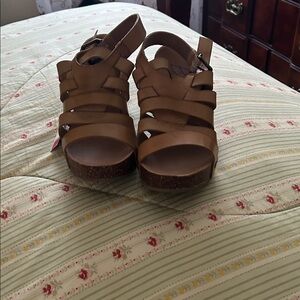 NWT Women’s Tan Strappy Cork Wedge Sandals